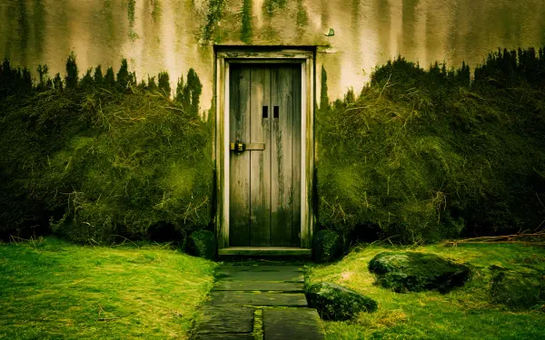 A captivating moss wall surrounds a rustic wooden door, framed by lush greenery and stone pathways, showcasing a serene natural setting in 4K Ultra HD quality.