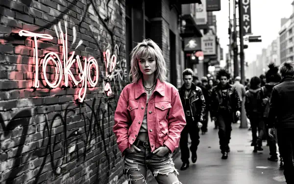 A street photography scene in Tokyo featuring a woman in a pink jacket, standing against a brick wall with graffiti, contrasted by bustling pedestrians. 4K Ultra HD resolution backdrop.