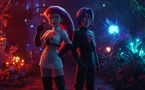 A vibrant 4K Ultra HD desktop wallpaper featuring Team Rocket, showcasing characters in a mystical environment illuminated by colorful lights.