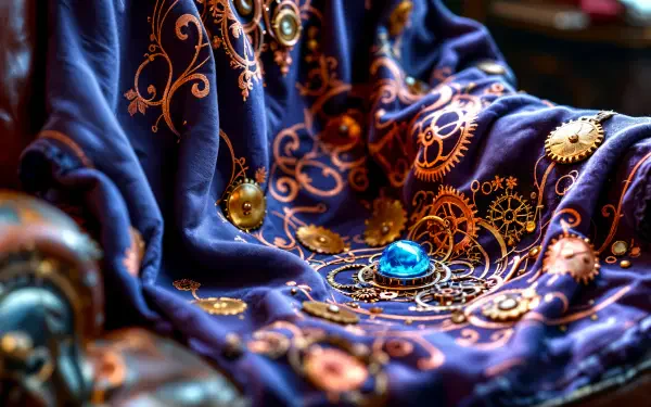 A richly patterned blanket draped over a chair, featuring intricate designs with gears and a stunning blue gem, presented as a 4K Ultra HD PC desktop wallpaper and background.