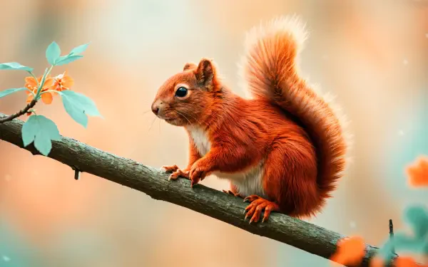 A vibrant red squirrel perches on a branch, surrounded by soft, blurred foliage. This stunning image serves as a 4K Ultra HD desktop wallpaper and background.