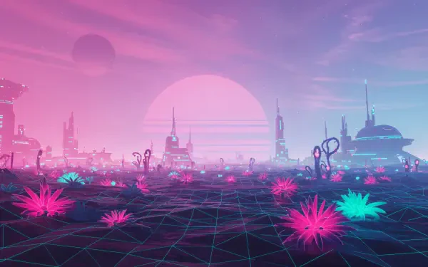 A captivating alien planet landscape featuring vibrant pink and teal flora, futuristic structures, and a large sun setting in a colorful sky, designed as a 4K Ultra HD desktop wallpaper.