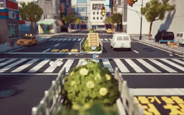 A vibrant HD wallpaper featuring a bustling city street from the video game GuGu Pizza: Delivering Pizza to the Space Station, highlighting playful urban elements.