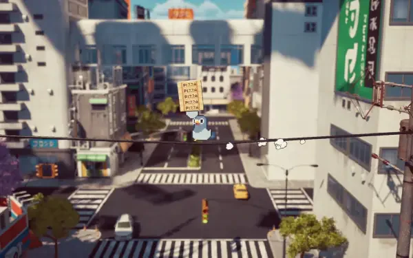 A whimsical HD wallpaper featuring a quirky character delivering pizza in a bustling city, showcasing the playful theme of GuGu Pizza: Delivering Pizza to the Space Station.