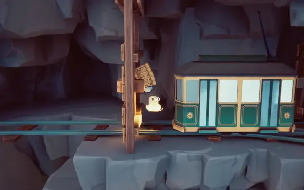 A whimsical HD wallpaper from the game GuGu Pizza: Delivering Pizza to the Space Station. Features a cartoonish tram navigating a rocky tunnel, enhancing the playful gaming atmosphere.