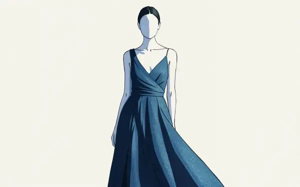 A stylish figure in a flowing blue dress poses against a neutral background, depicted in a sleek 4K Ultra HD design, perfect for a PC desktop wallpaper or background.