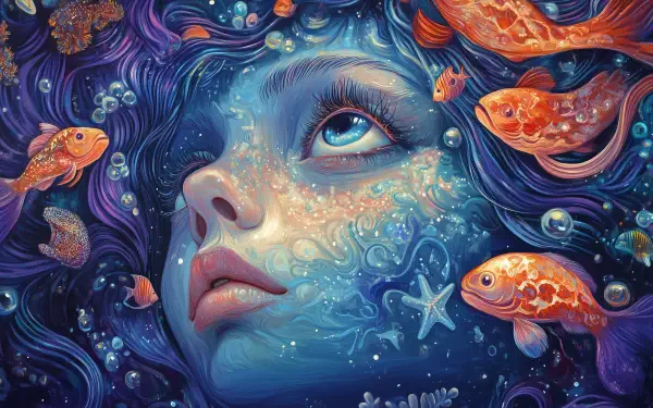 A dreamy, artistic depiction of a girl surrounded by colorful fish, swirling bubbles, and oceanic elements, perfect for a fantasy-themed HD PC desktop wallpaper.
