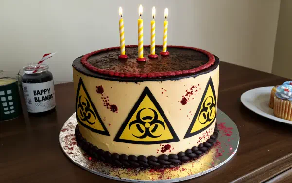 A visually striking birthday cake featuring biohazard symbols, topped with four candles, set on a decorative silver board, captured in vibrant 4K Ultra HD quality.