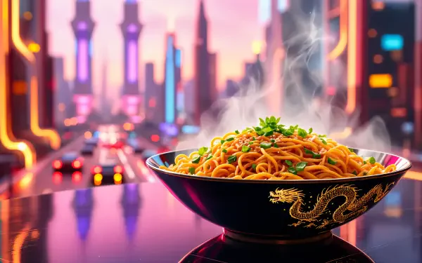 A vibrant bowl of steaming Chinese noodles garnished with green onions, set against a futuristic cityscape illuminated by colorful lights, captured in 4K Ultra HD quality.