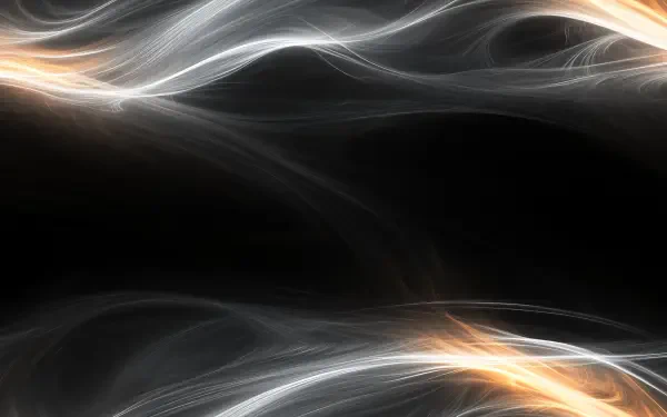 Abstract fluid lines with glowing white and orange hues flow across a dark background, forming an HD PC desktop wallpaper with a dynamic, ethereal feel.