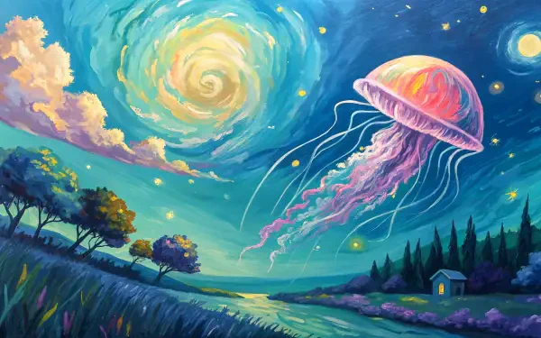 A vibrant 4K Ultra HD wallpaper depicting a dreamy landscape with a swirling sky, colorful jellyfish, and serene waters, complemented by lush trees and a quaint house.