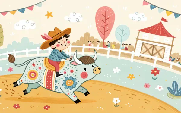 A charming illustration of a child in a cowboy hat riding a decorated bull, surrounded by colorful trees and a festive backdrop, capturing the spirit of rodeo in a whimsical style.