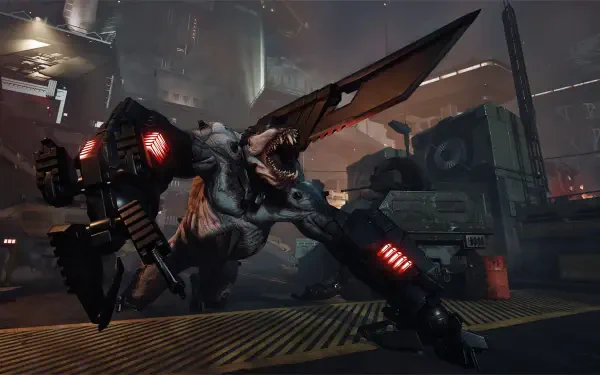 Dark, intense scene from Killing Floor 3 showing a menacing, robotic creature in an industrial environment, designed as an HD PC desktop wallpaper and background.