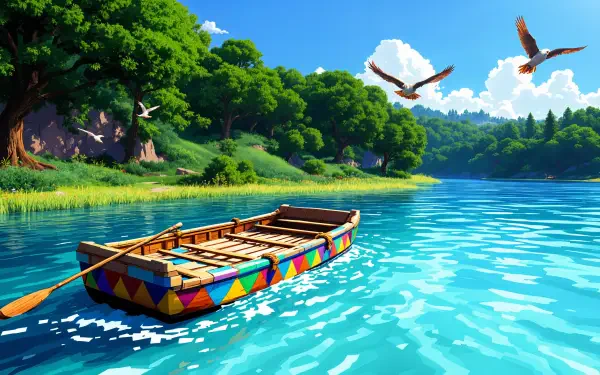 A vibrant 4K Ultra HD desktop wallpaper featuring a colorful boat on tranquil turquoise waters, surrounded by lush greenery and soaring birds under a bright blue sky.
