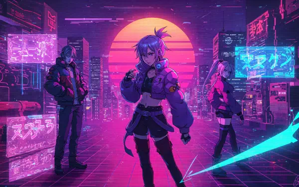 A vibrant sci-fi anime scene featuring three characters against a futuristic city backdrop, illuminated by neon lights and a large sunset, captured in stunning 4K Ultra HD.