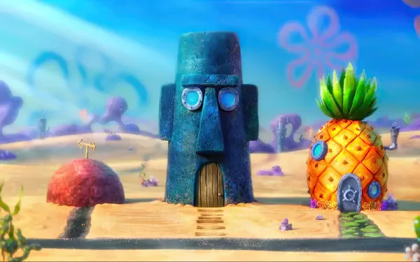 A vibrant 4K Ultra HD wallpaper featuring iconic locations from The SpongeBob Movie: Sponge on the Run, showcasing SpongeBob's pineapple house, Patrick's rock, and Squidward's abode.
