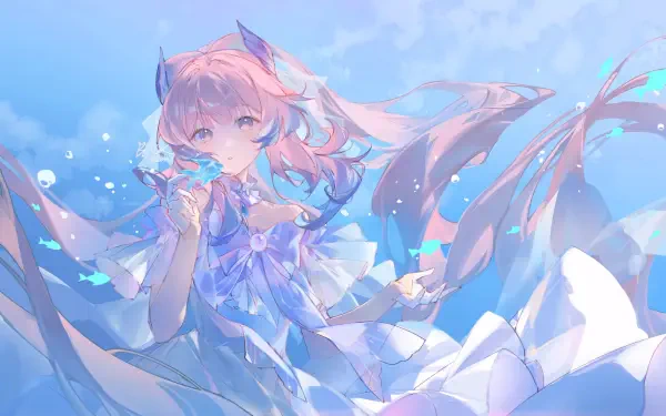 4K Ultra HD PC wallpaper featuring Sangonomiya Kokomi, a girl character from the video game Genshin Impact, surrounded by soft blue and white hues.