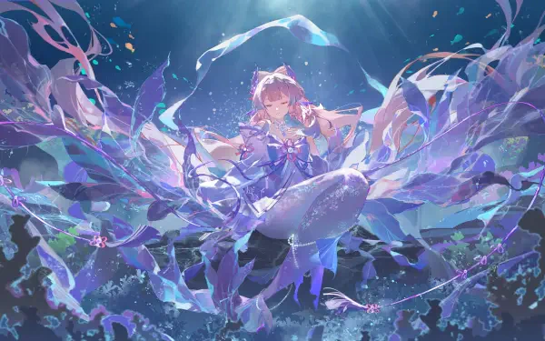 4K Ultra HD wallpaper featuring Sangonomiya Kokomi from Genshin Impact, surrounded by flowing ribbons and aquatic elements in a vibrant, dynamic underwater scene.