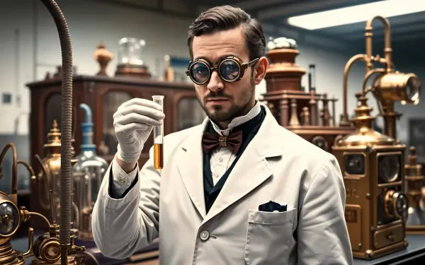 A scientist in a lab coat and goggles examines a test tube, surrounded by vintage laboratory equipment, in this 4K Ultra HD desktop wallpaper.