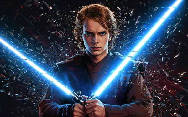 Anakin Skywalker stands with two blue lightsabers amidst a backdrop of shattered fragments, captured in vivid 4K Ultra HD as a striking PC desktop wallpaper.