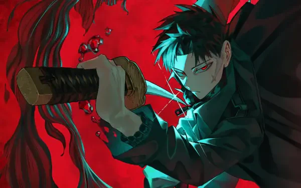 HD PC desktop wallpaper of an intense anime boy from Kagurabachi wielding a sword, set against a vivid red and dark background.