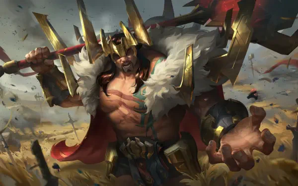 An 8K Ultra HD wallpaper featuring Mordekaiser, a fierce warrior from League of Legends, showcasing his imposing presence with a gold-adorned outfit and a large weapon.