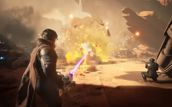 A dynamic scene from Dune: Awakening featuring a character wielding a laser weapon amid explosions and chaos, showcasing intense action in stunning 4K Ultra HD resolution.