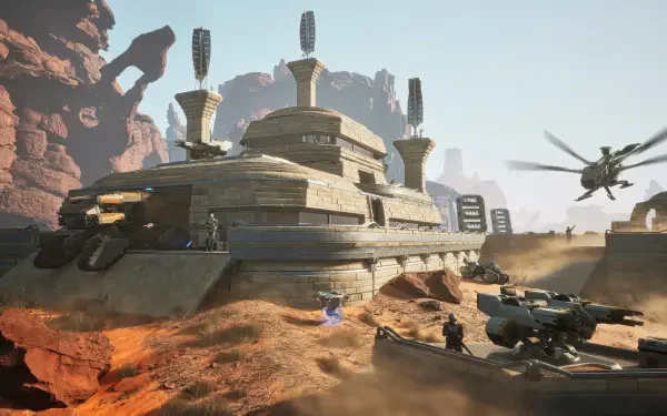 A stunning 4K Ultra HD wallpaper featuring a fortified tower in the desert landscape of Dune: Awakening, showcasing advanced technology and a rugged environment.