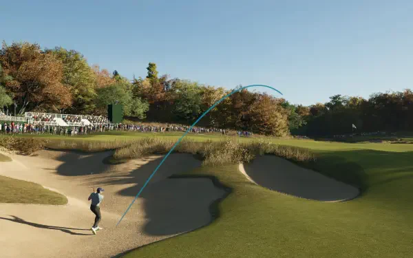 A vibrant 4K Ultra HD wallpaper from PGA TOUR 2K25, showcasing a golfer striking a shot from a sand trap with a picturesque landscape in the background.