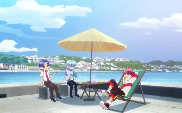 A vibrant HD wallpaper from Aquarion: Myth of Emotions, featuring three characters relaxing under a sunny sky by the water, surrounded by a picturesque coastal landscape.