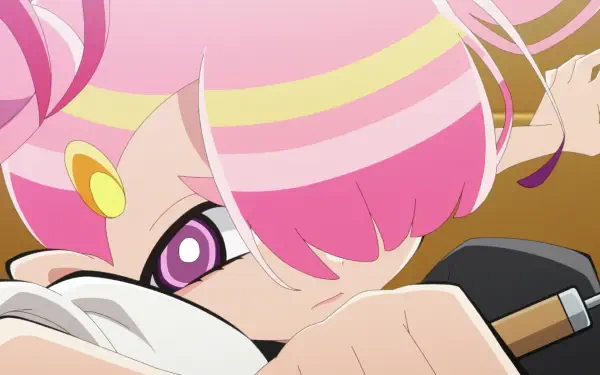 A vibrant HD desktop wallpaper featuring a character from Aquarion: Myth of Emotions, showcasing bold colors and expressive features in a dynamic pose.