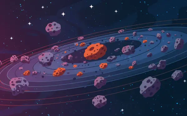 A vibrant 4K Ultra HD depiction of an asteroid belt, showcasing various asteroids in shades of orange and gray, set against a backdrop of stars in deep space.