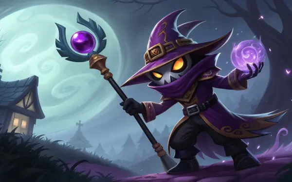 Veigar from League of Legends stands confidently with his staff, casting a powerful spell under a full moon, set against a mysterious, dark landscape in this 4K Ultra HD wallpaper.