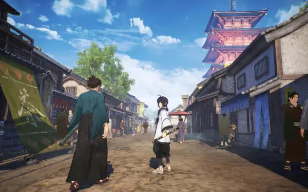 A vibrant scene from the video game Fate/Samurai Remnant, featuring characters navigating a bustling street with traditional architecture and a scenic sky. An engaging HD PC desktop wallpaper.