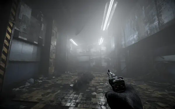 A dark and atmospheric HD wallpaper from the video game Total Chaos, featuring a character aiming a gun in a dimly lit, debris-strewn environment.