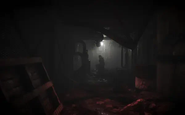 A dark, atmospheric scene from the video game Total Chaos, featuring a shadowy figure under harsh lighting in a grimy, abandoned environment. 4K Ultra HD quality enhances the immersive mood.