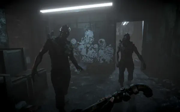 Dark, tense scene from the video game Total Chaos as two figures move through a dimly lit room, captured in stunning 4K Ultra HD for PC desktop wallpaper and background.