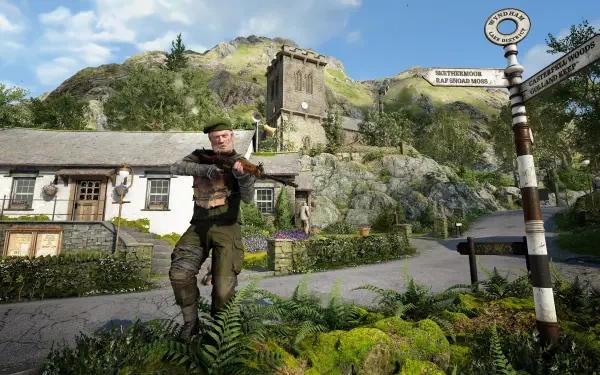 A 4K Ultra HD wallpaper from the video game Atomfall, featuring a soldier in a lush landscape, with a rustic building and a tower in the background, showcasing vibrant natural scenery.