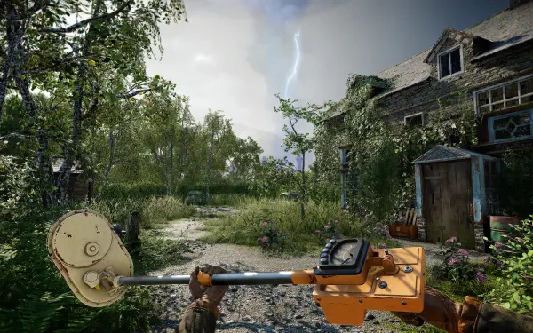 A vibrant scene from the video game Atomfall, showcasing a lush, overgrown environment with a character holding an industrial tool, set against a dramatic sky and a weathered house.