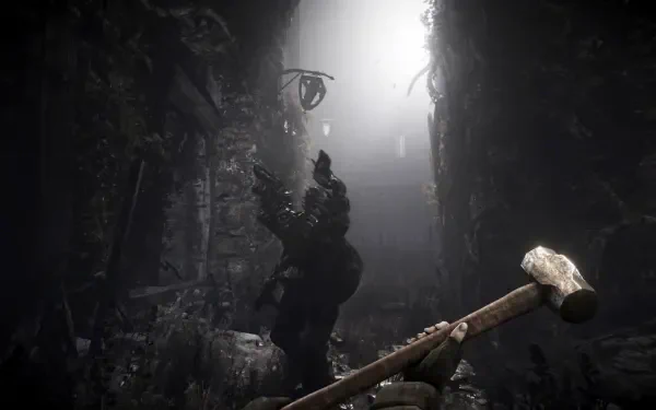 A dark, atmospheric scene from the video game Total Chaos, featuring a character in a shadowy corridor, illuminated by a beam of light, wielding a large weapon. 4K Ultra HD background.