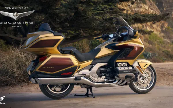A stunning HD wallpaper featuring the 25YM Honda GL 1800 Gold Wing motorcycle, showcasing its elegant design against a scenic background.