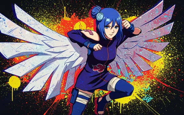 Konan from Naruto poses fiercely with large white wings against a vibrant, colorful background, showcased in this striking 4K Ultra HD desktop wallpaper.