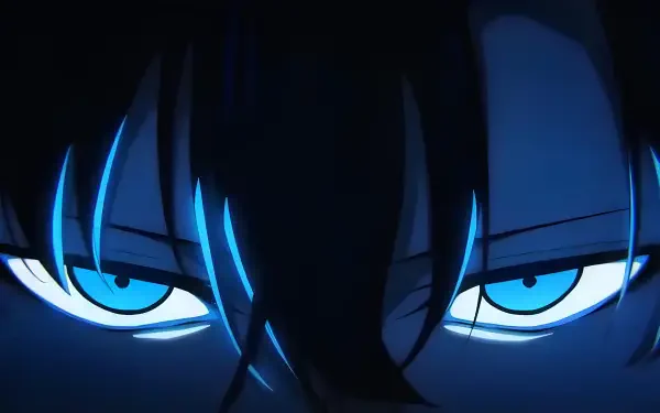 Close-up of Sung Jin-Woo’s intense glowing blue eyes from Solo Leveling: ReAwakening, captured in a detailed 4K Ultra HD anime-style wallpaper from Solo Leveling: ARISE.