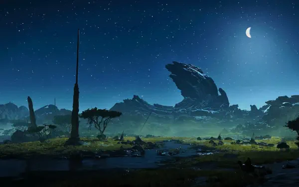 HD PC desktop wallpaper of a nighttime gaming environment from Monster Hunter Wilds, featuring a moonlit sky and a rocky landscape in a video game setting.