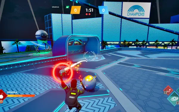 An action-packed scene from the video game Shotball, featuring a player aiming at a futuristic goal in a vibrant arena, set against a high-definition backdrop.