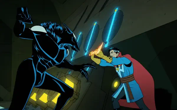 A dynamic scene from Your Friendly Neighborhood Spider-Man TV show, featuring an intense confrontation between a hero and a menacing villain in vibrant animation. 4K Ultra HD desktop wallpaper.