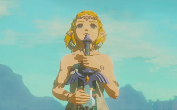 HD PC desktop wallpaper from The Legend of Zelda: Tears of the Kingdom — Princess Zelda (The Legend of Zelda) plays an ocarina against a bright sky backdrop.