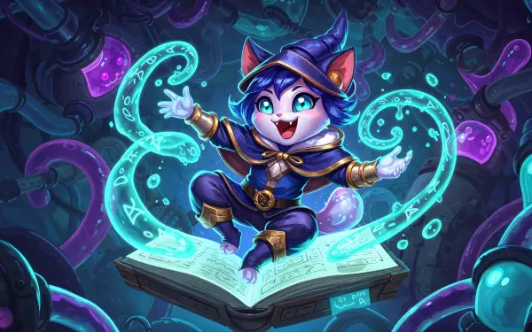 A vibrant 4K Ultra HD wallpaper featuring Yuumi from League of Legends, playfully perched on an open book, surrounded by magical swirls and colorful potions.