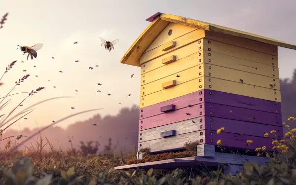 A colorful beehive surrounded by bees and flowers against a soft, glowing background, captured in stunning 4K Ultra HD for a vibrant desktop wallpaper and background.