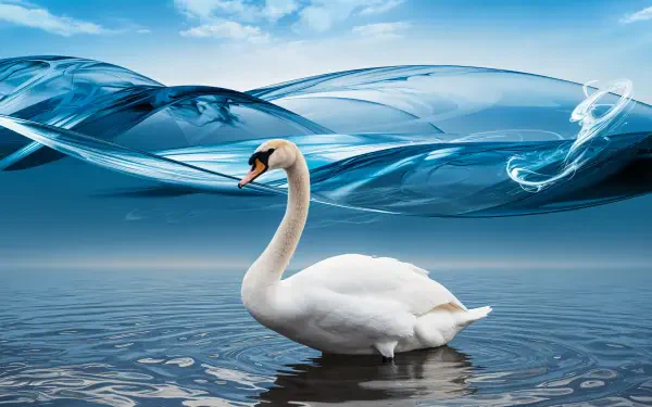 A serene mute swan gracefully glides through calm waters, framed by abstract blue waves and a clear sky in this stunning 4K Ultra HD desktop wallpaper.